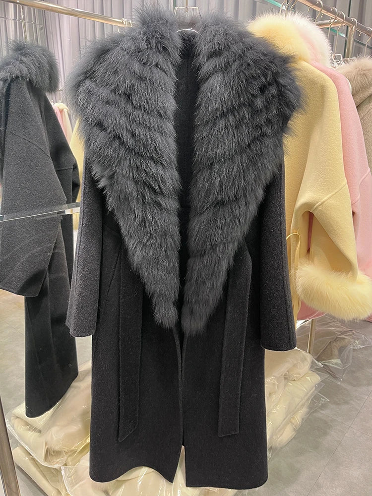 Cashmere Wool Long Coats Real Fur Collar