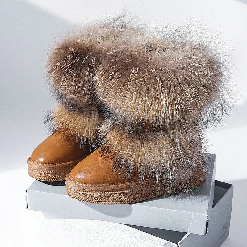 Genuine Leather Waterproof Snow Boots Real Fur