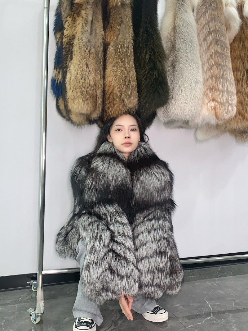 Dark Silver Big Collar Real Fur Coat