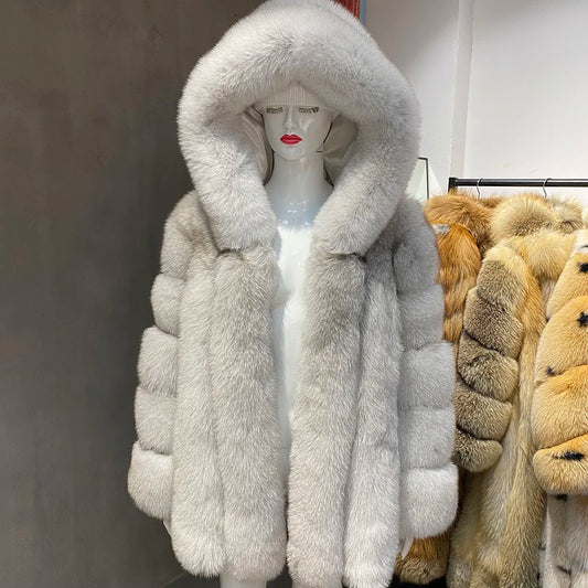 Hooded Real Fox Fur Coats Mid Length