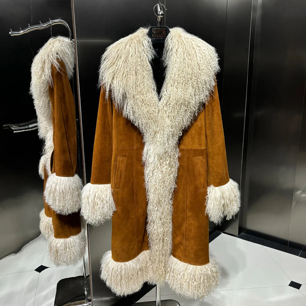 Genuine Suede Leather X-Long Coat Real Fur Collar Cuffs