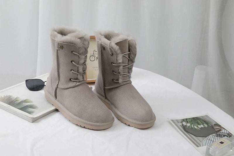 Genuine Leather Waterproof Snow Boots Real Wool