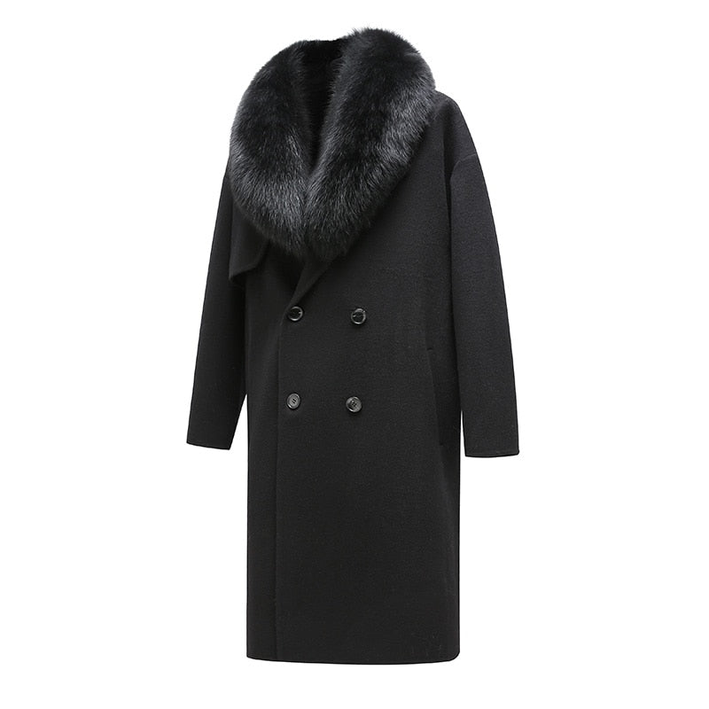 Real Wool Detachable Big Real Fox Fur Collar Long Coats