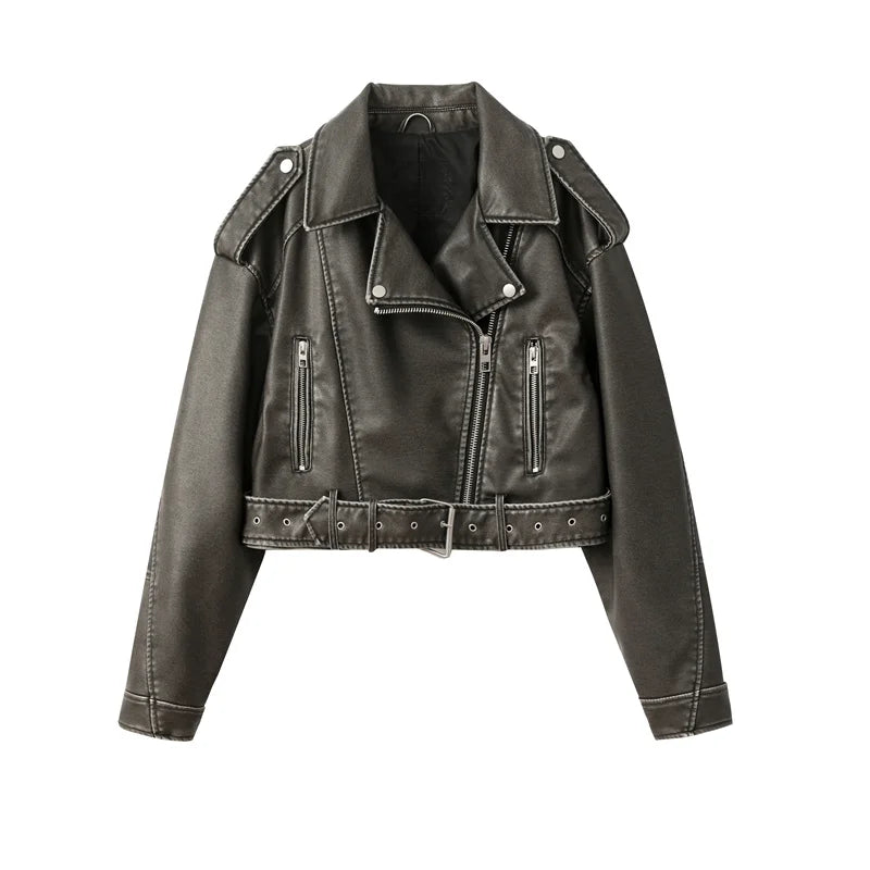 Short Moto PU Leather Jackets with Belt