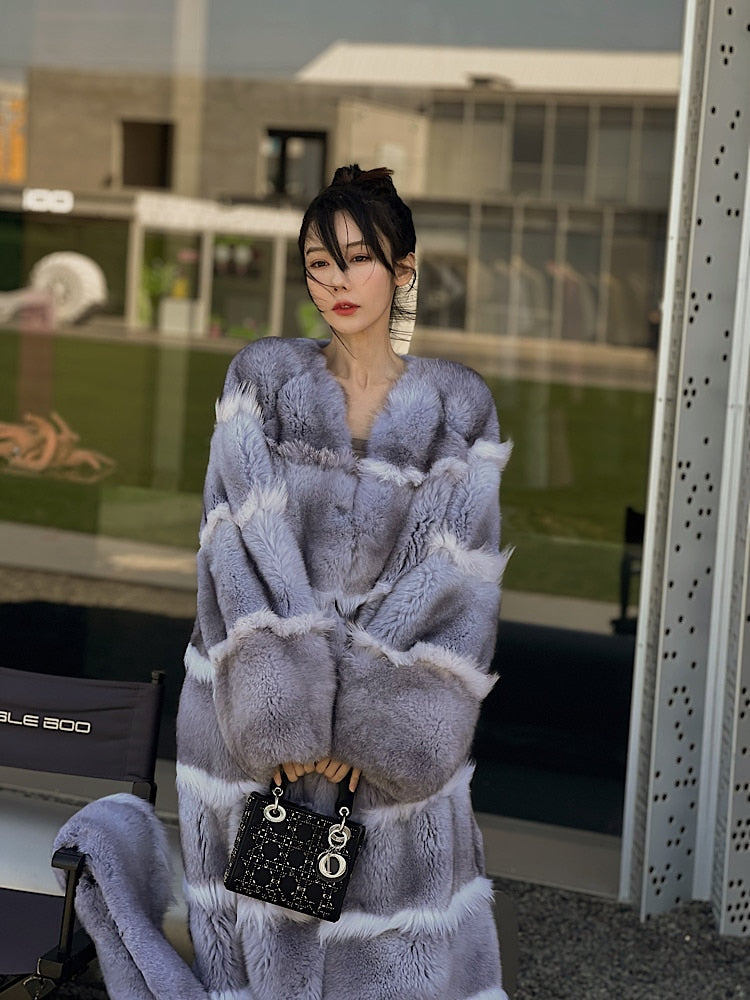 Luxury X-Long Fur Coat Detachable Big Fur Collar