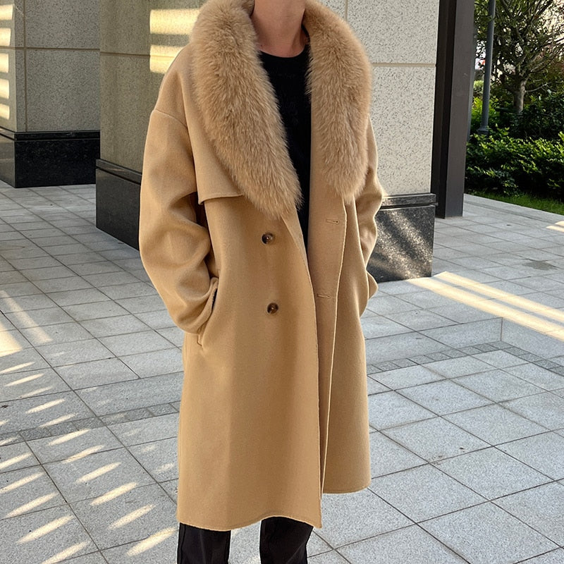 Real Wool Detachable Big Real Fox Fur Collar Long Coats