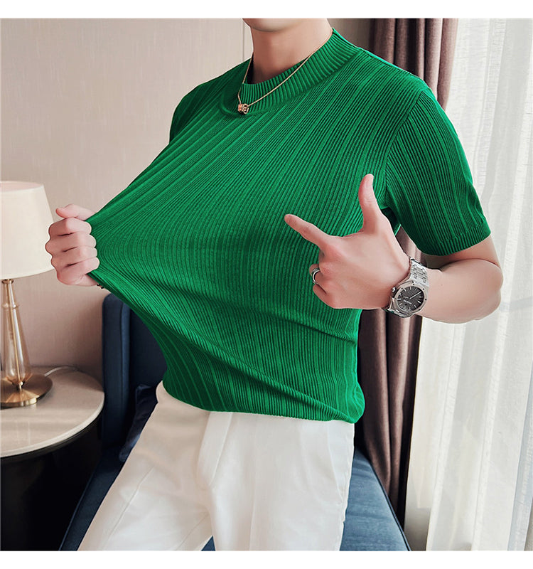 Ribbed Knitted Elasticity Half Collar T-Shirt