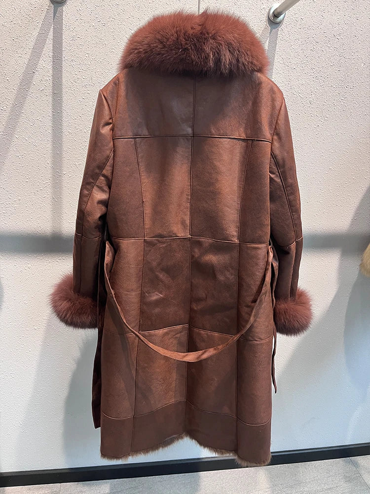 Genuine Leather Long Coats Real Fur Liner Collar Cuffs