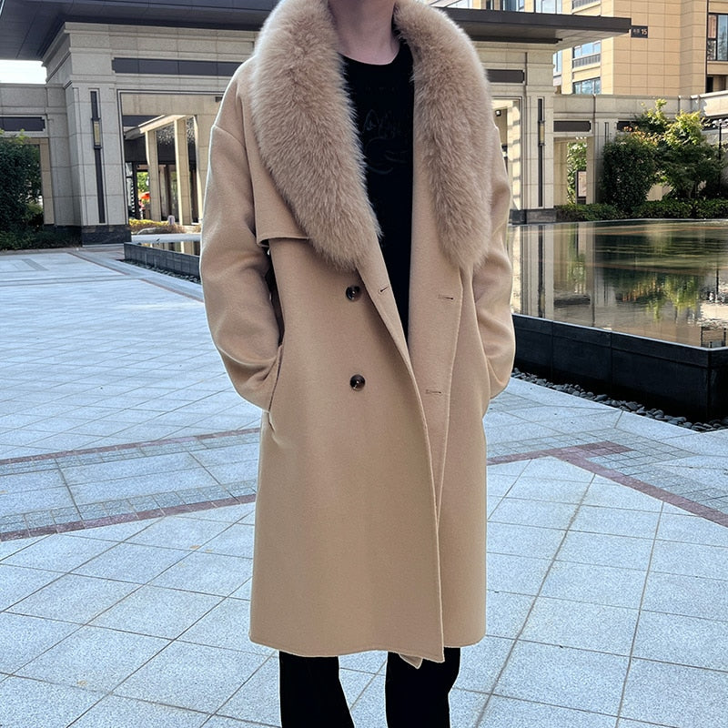 Real Wool Detachable Big Real Fox Fur Collar Long Coats