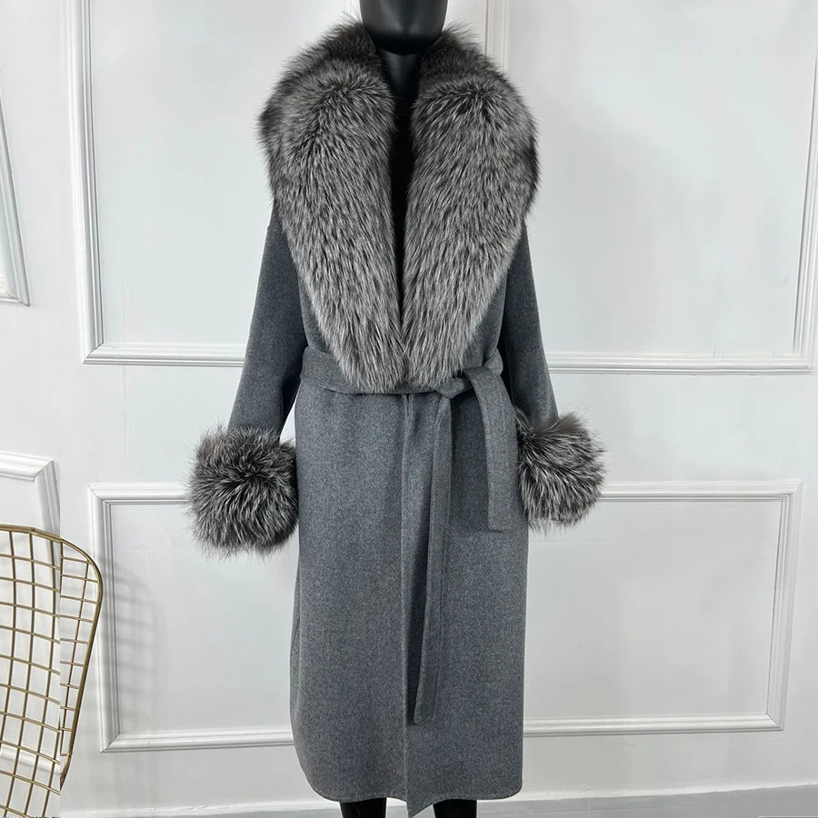 Cashmere Long Wool Coat Big Real Fur Collar Cuffs