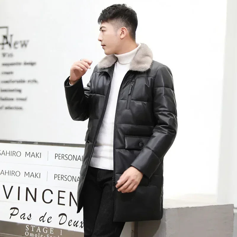 Genuine Leather Down Coats Real Mink Fur Collar