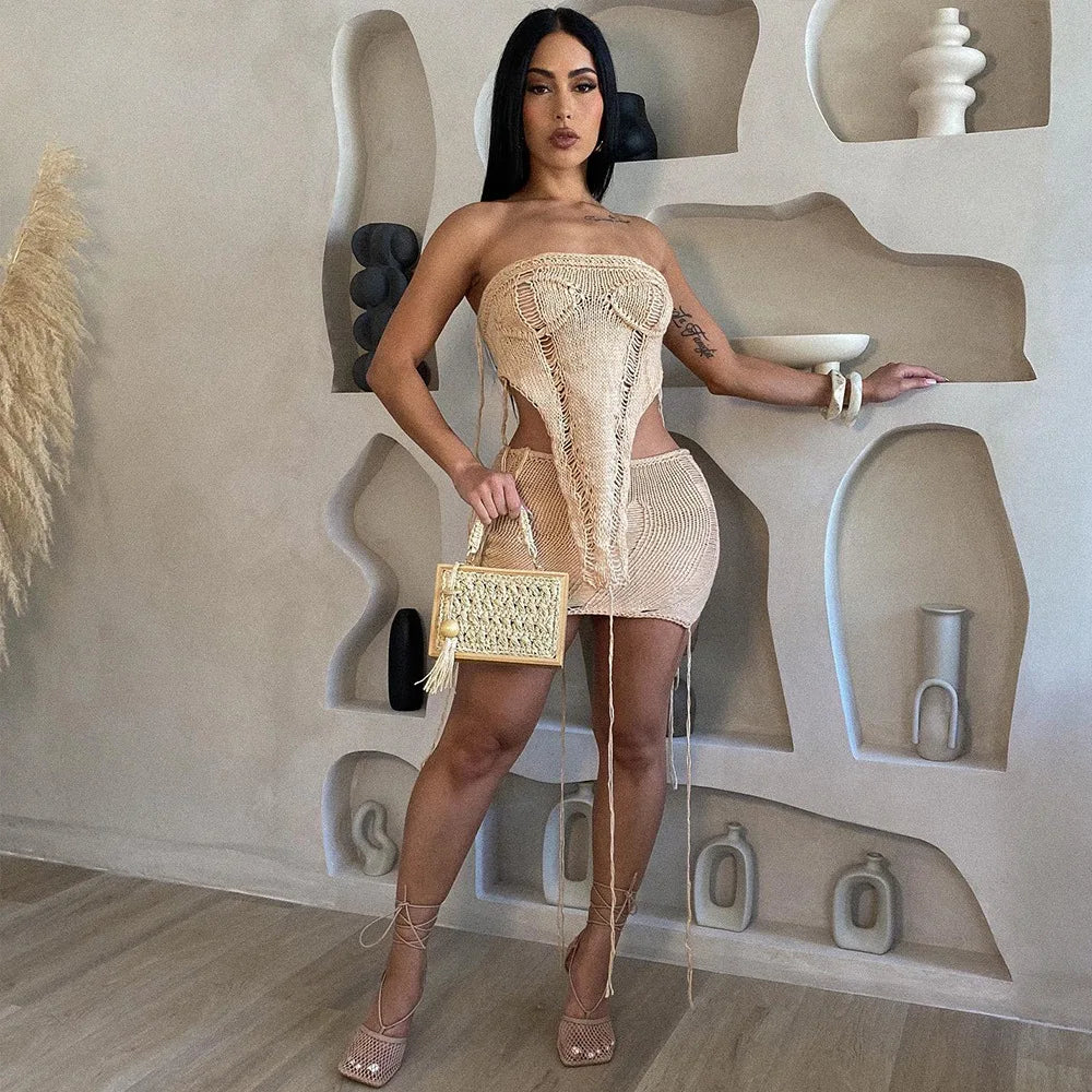 Irregular Knitted Strapless Crop Top & Mini Skirt Sets
