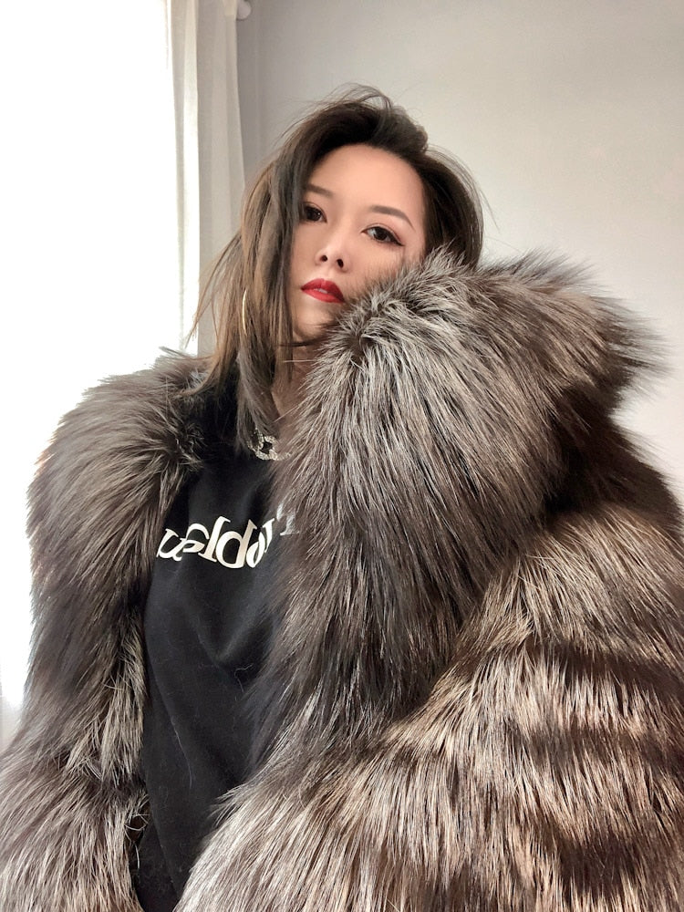 Luxury Dark Silver Real Fur Hooded Coat