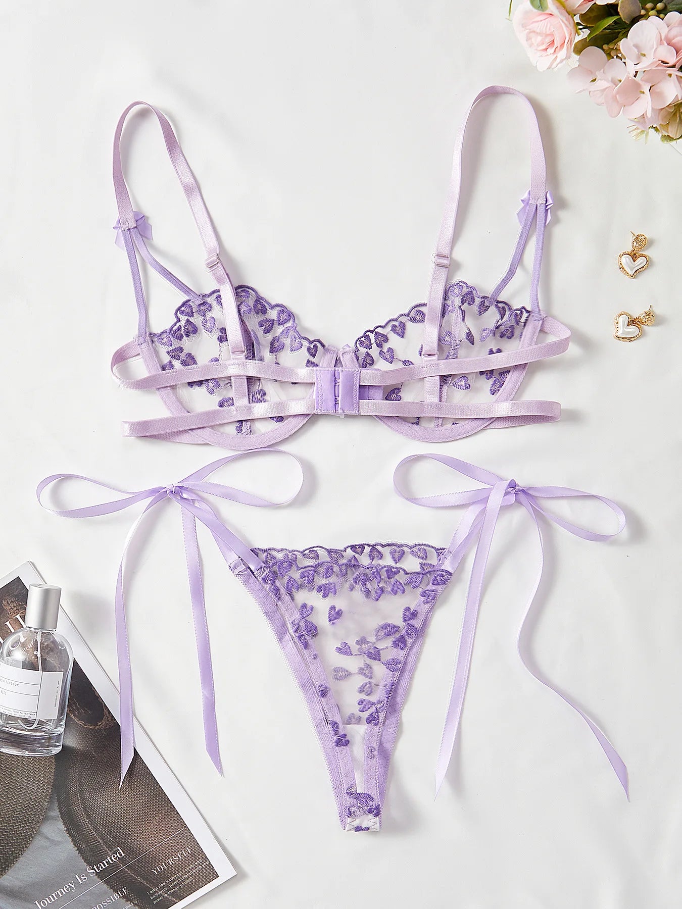 Mesh Heart Shaped Embroidery Bra & Thong Sets