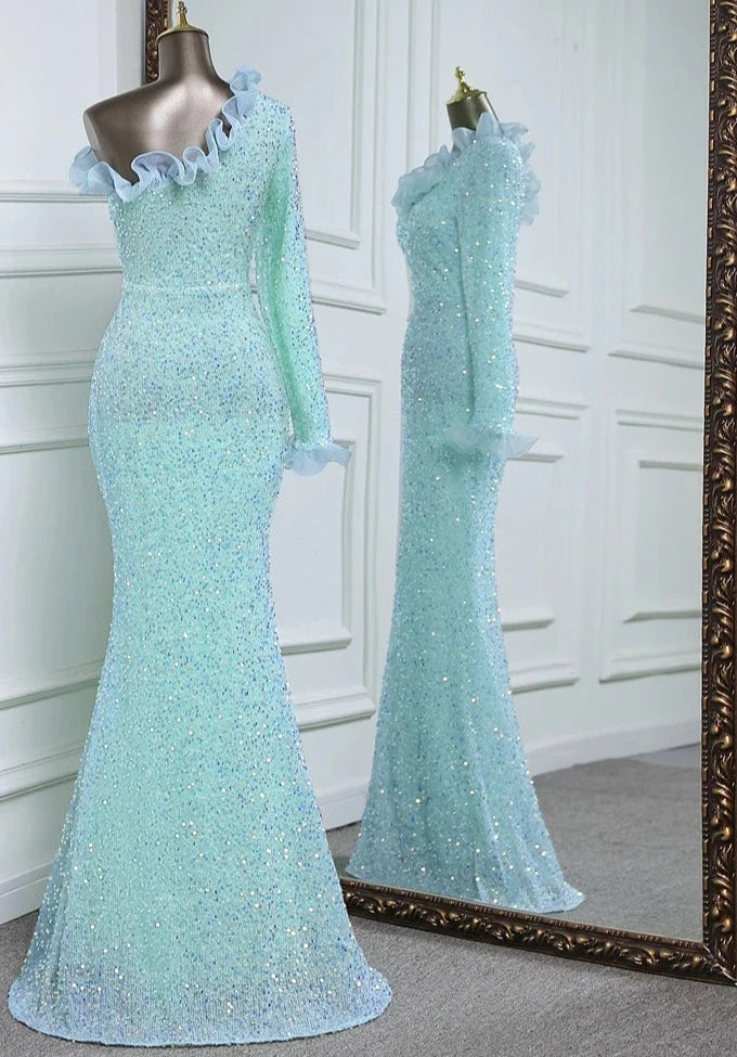 Sequins One Sleeve Lace Floor-Length Dresses