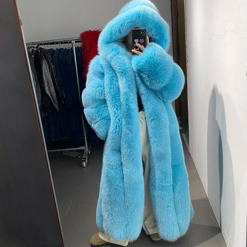 Luxury Long Hooded Real Fur Coats