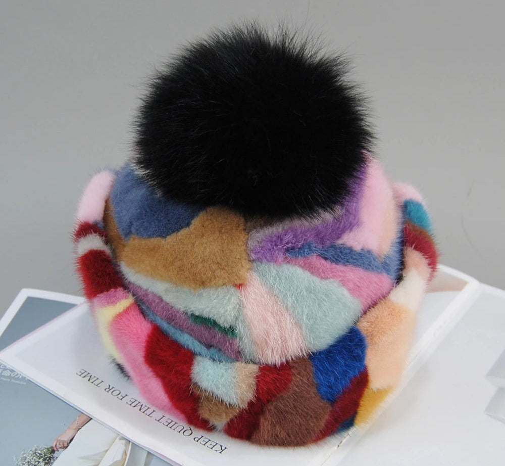 Colorful Real Mink Fur Bomber Hats Fur Pompom