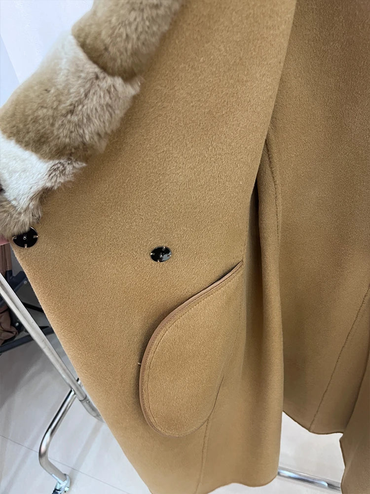Long Cashmere Wool Coats Real Fur Collar & Cuffs