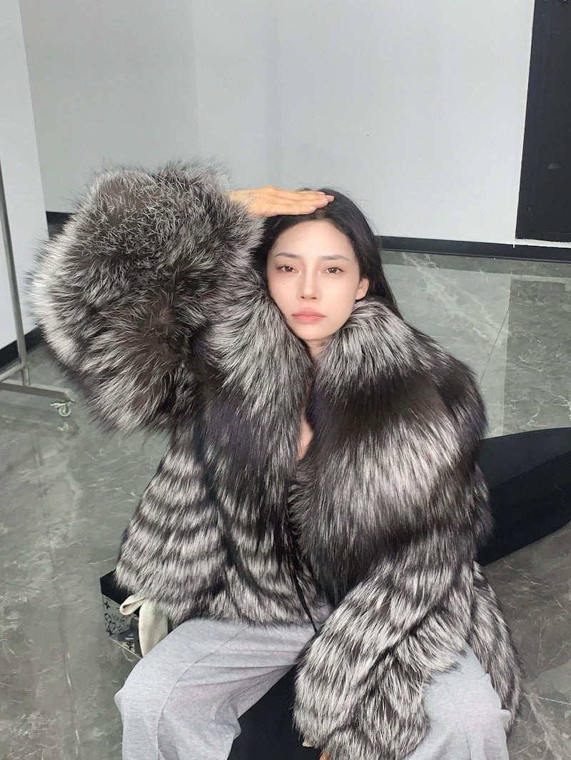 Dark Silver Big Collar Real Fur Coat