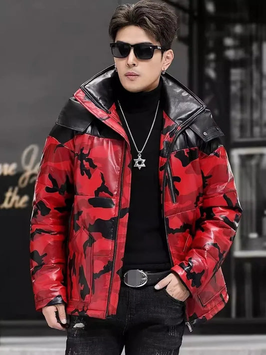 Red Camo Genuine Leather Down Coat