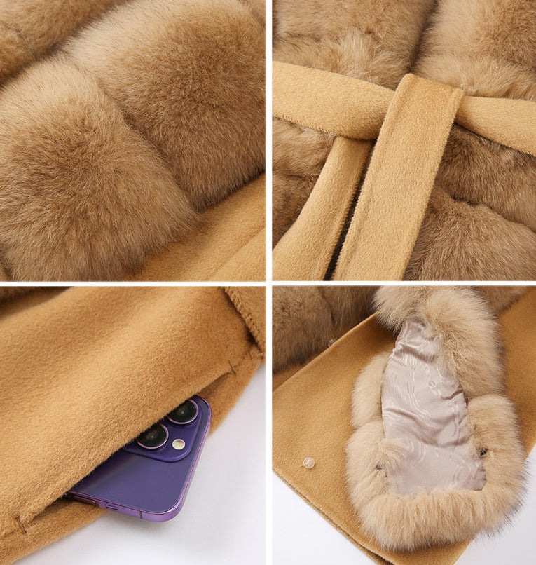 Cashmere Trench Coat Detachable Real Fur Long Collar