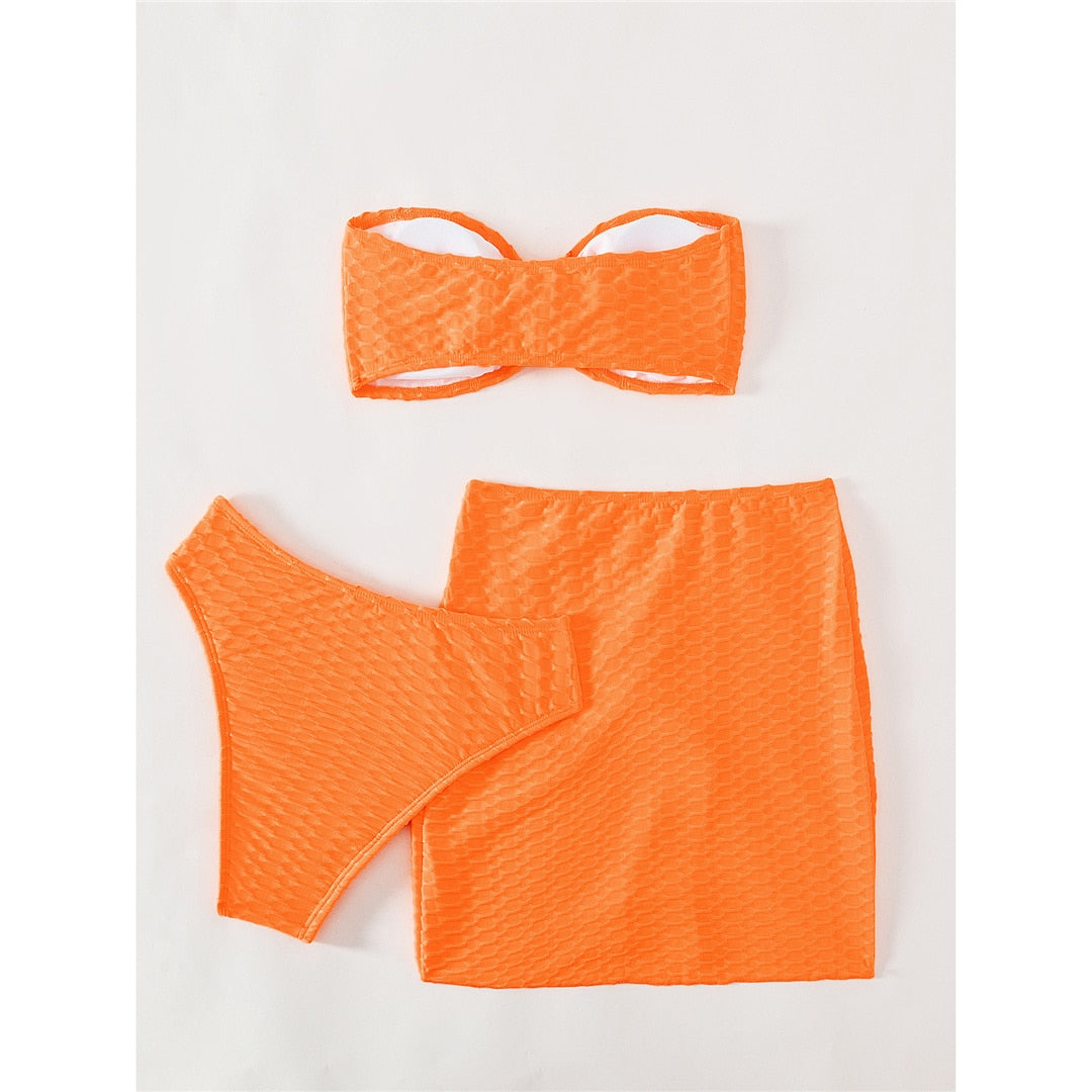 Wrinkled Bandeau Bikini Set & Skirt