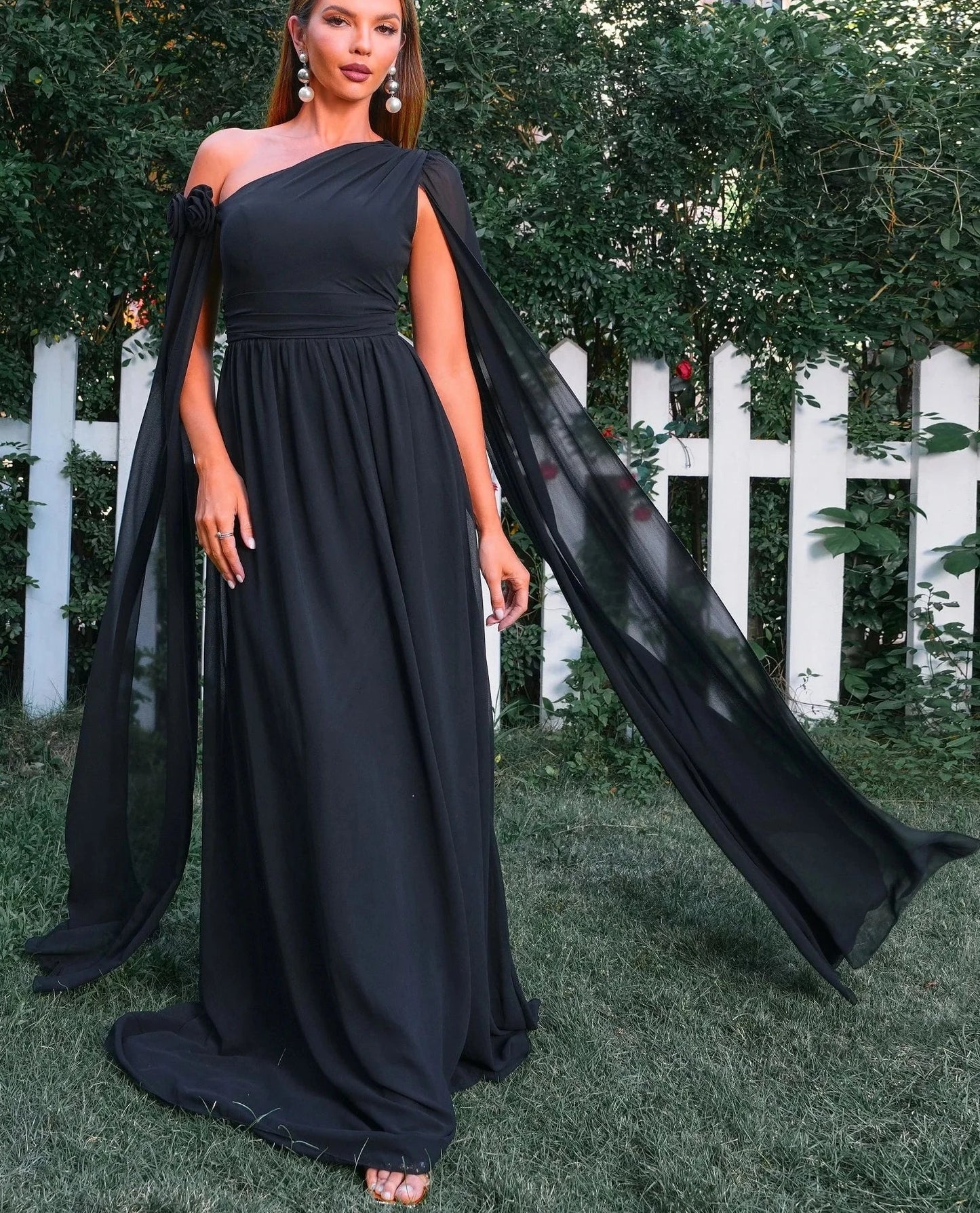 Black One Shoulder Drape Sleeves Dress