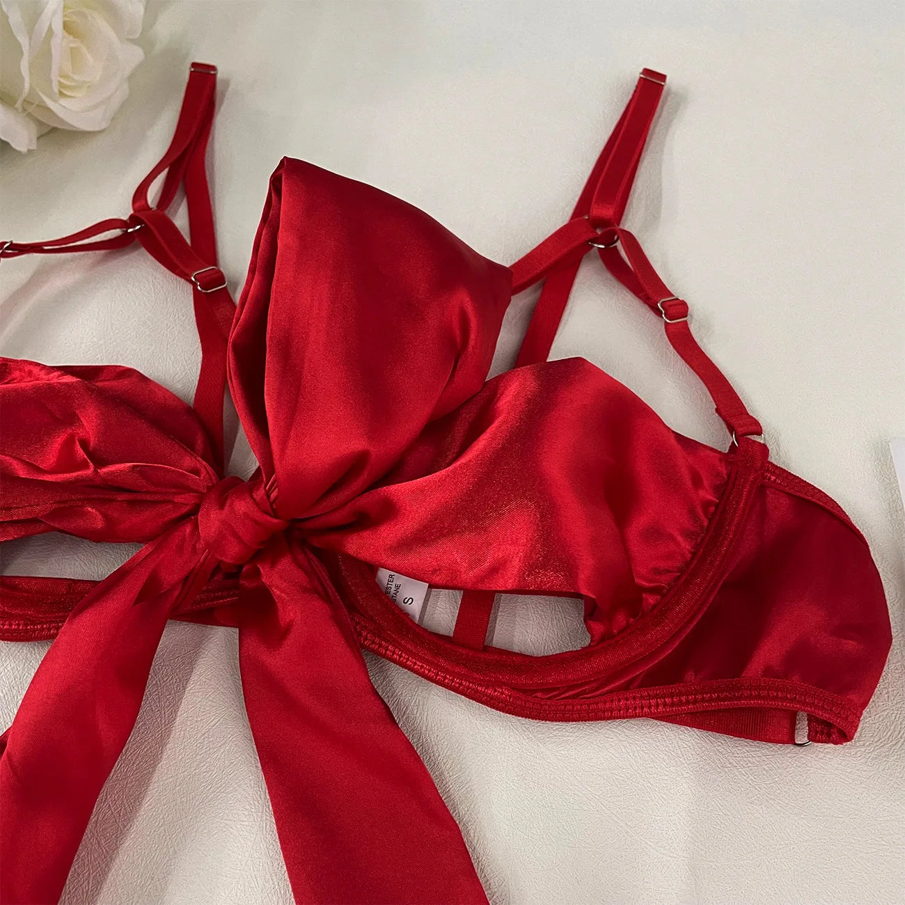 Satin Bowknot Open Bra 3-Piece Lingerie Sets