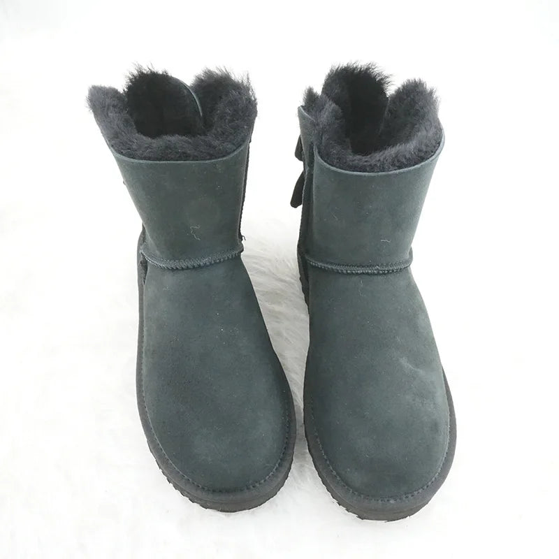 Genuine Leather Snow Boots Velvet Back Bow