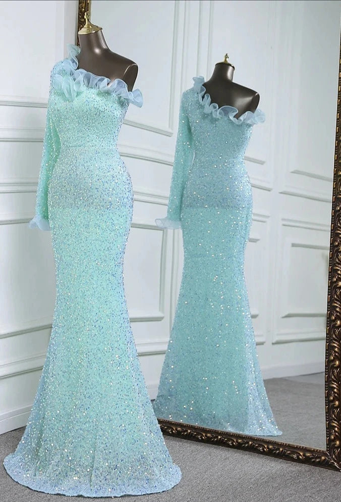 Sequins One Sleeve Lace Floor-Length Dresses