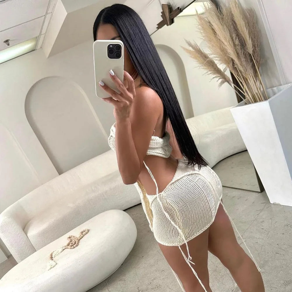 Irregular Knitted Strapless Crop Top & Mini Skirt Sets