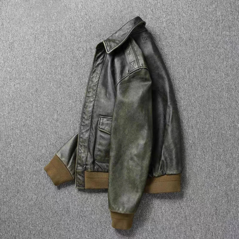 Green Genuine Leather Flight Jacket