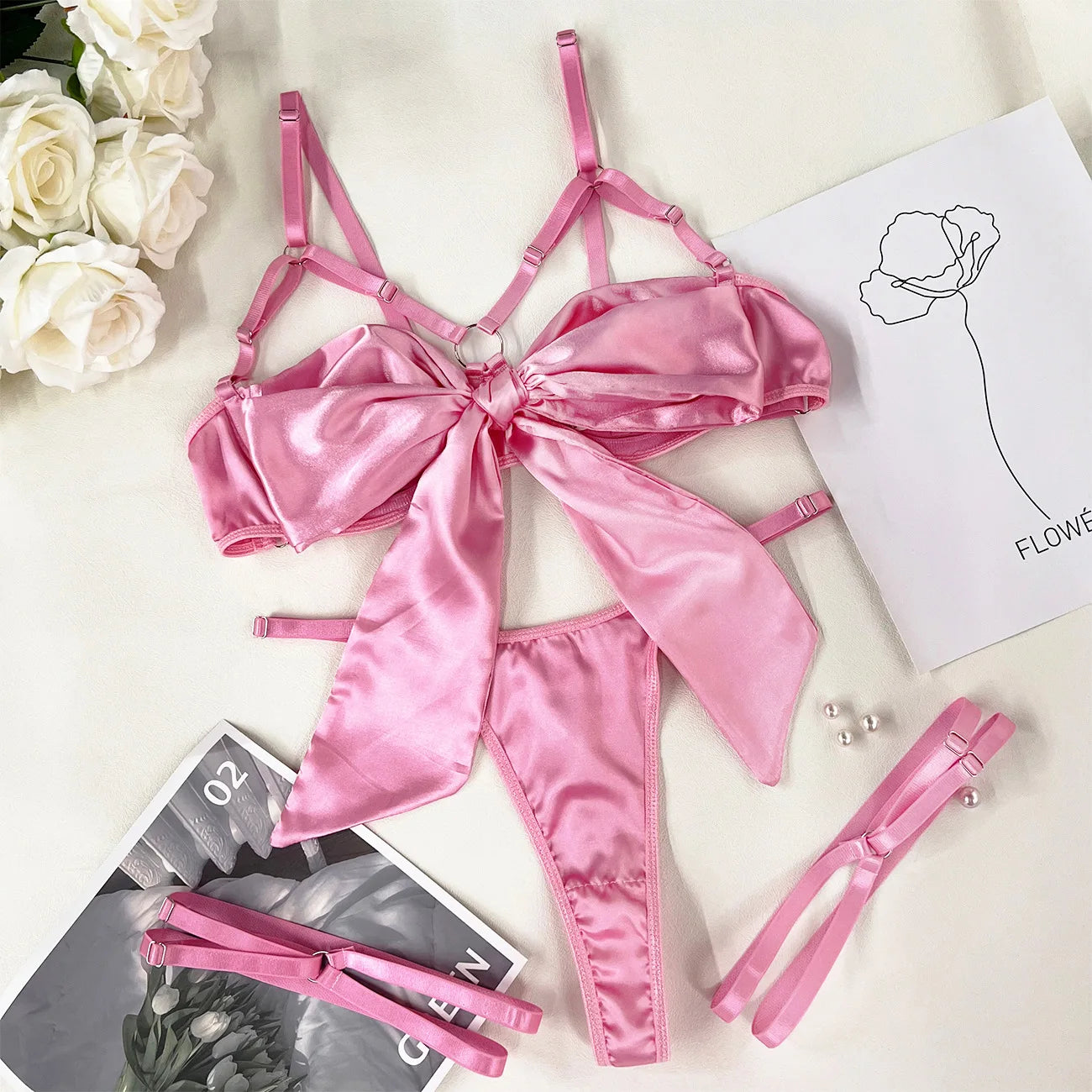 Satin Bowknot Open Bra 3-Piece Lingerie Sets