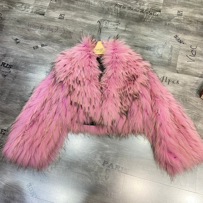 Knitted Real Fur Crop Coats Big Turn-down Collar