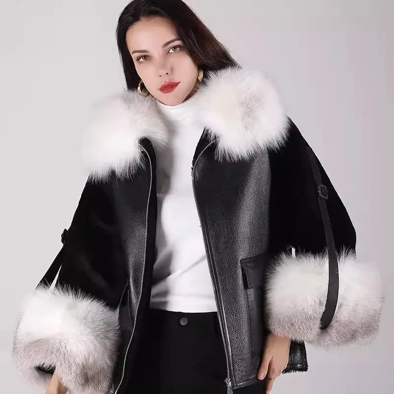 Genuine Leather Shearling Sleeve Real Fur Coats