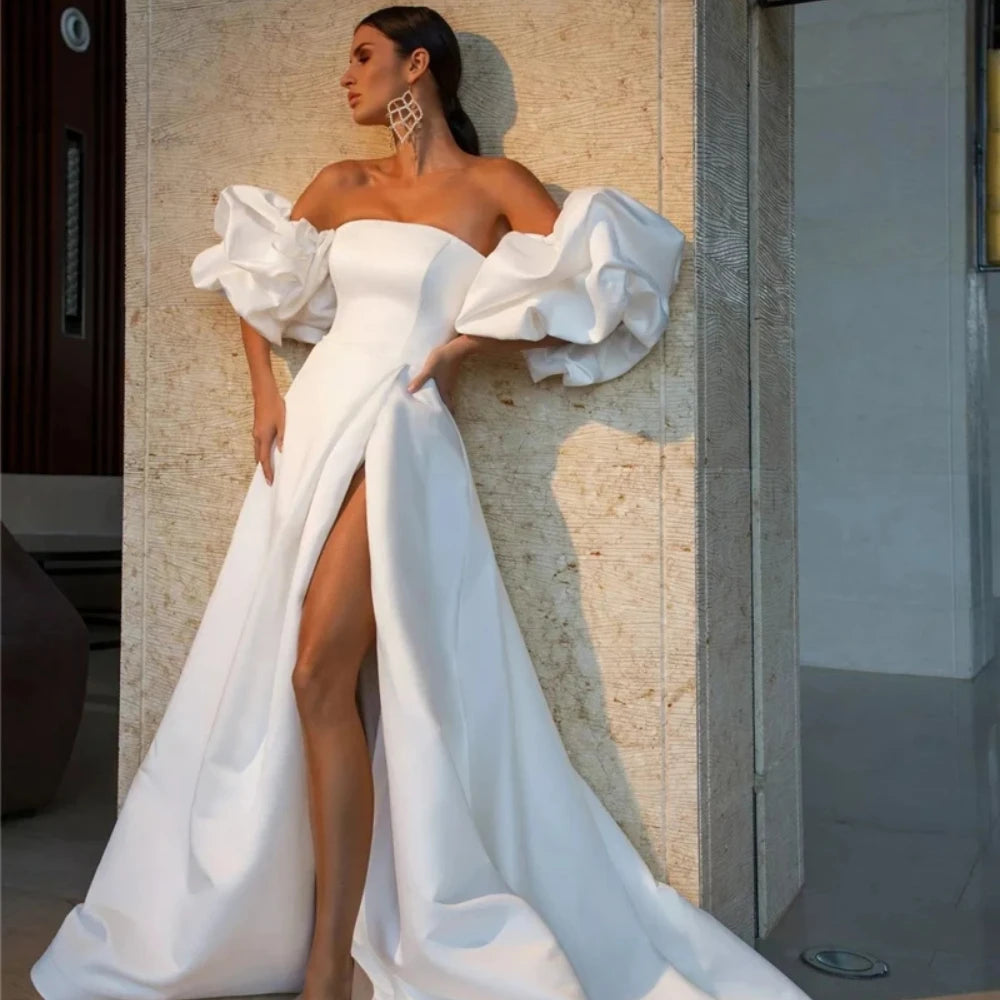 Satin Off Shoulder Big Ruffle Floor-Length Gown