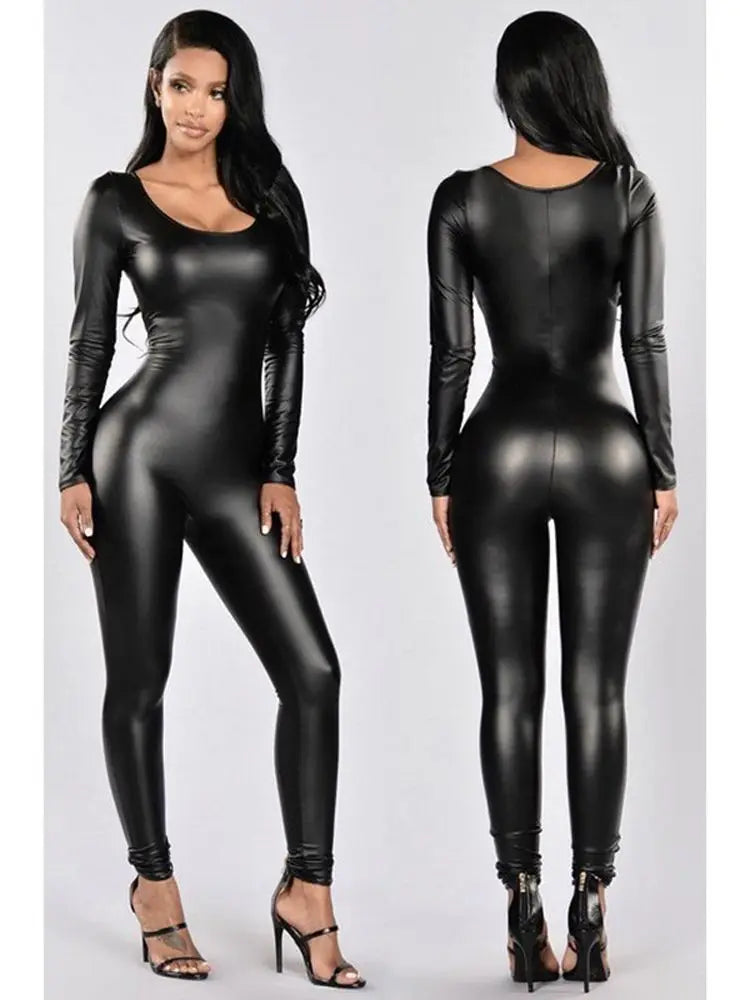 PU Leather Elastic Long Sleeve Jumpsuit