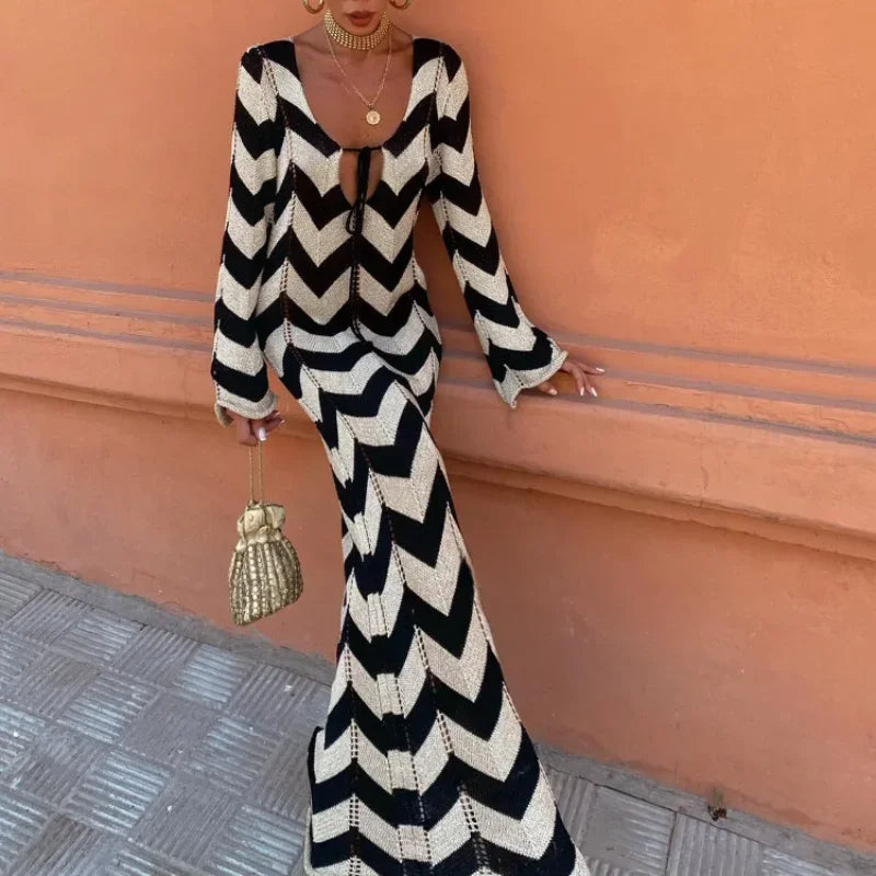 Striped Knitted Long Sleeve Long Dress