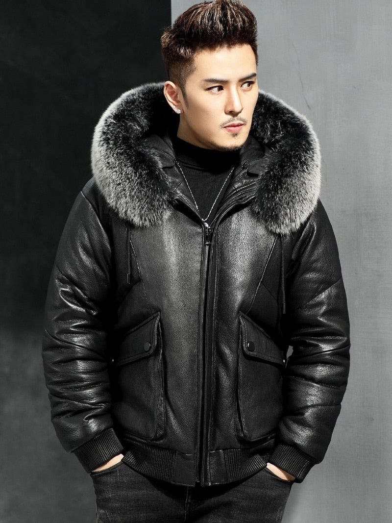 Genuine Leather Down Jacket Real Silver Fur Parka