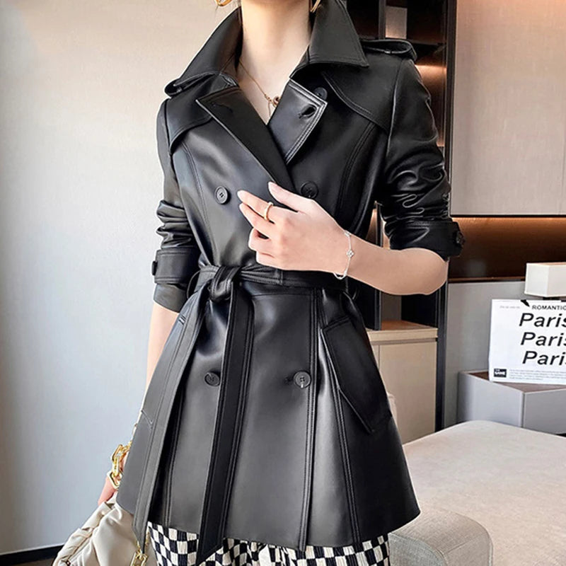 Sheepskin Coat Women's Winter New Fashion Lapel Double-Breasted Belt Waist Closing Medium to Long Genuine Leather Jacket Trench