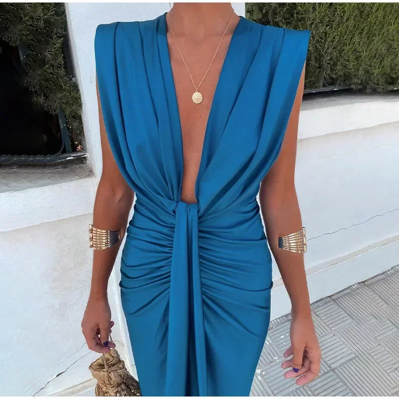 Deep V Sleeveless Pleated Long Dresses