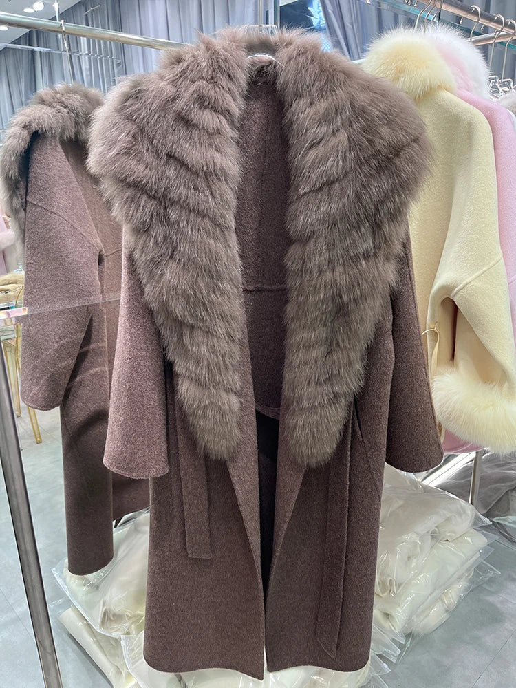 Cashmere Wool Long Coats Real Fur Collar