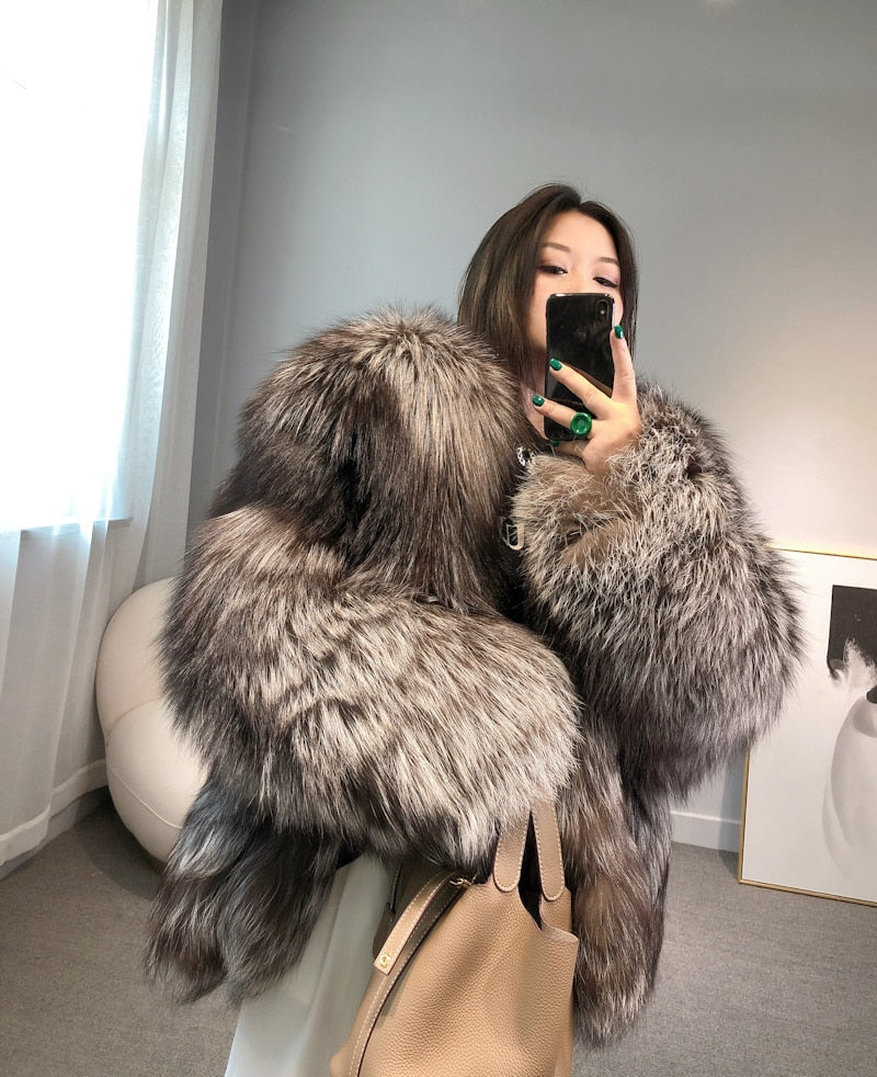 Luxury Dark Silver Real Fur Hooded Coat