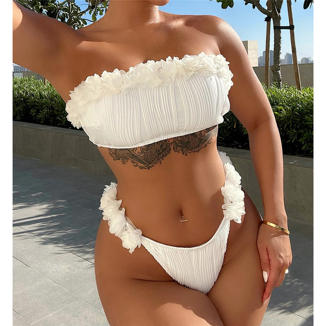 Tube Wrinkled Ruffled Frilled Bikini Set