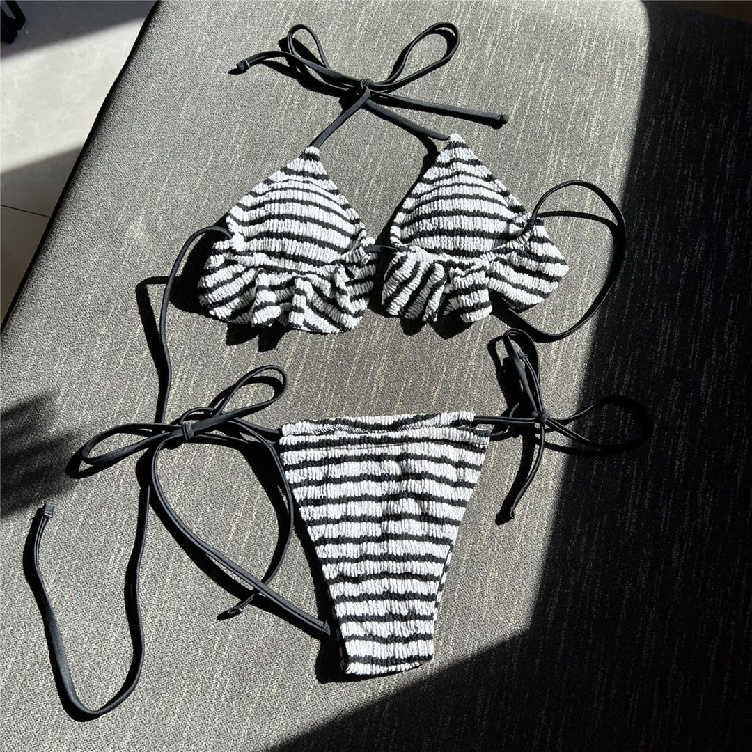 Striped Ruffled Sarong Bikini Set & Mini Skirt