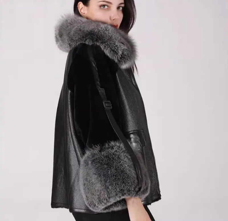 Genuine Leather Shearling Sleeve Real Fur Coats