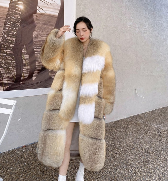 Long Thick Collar Real Fox Fur X-Long Coats