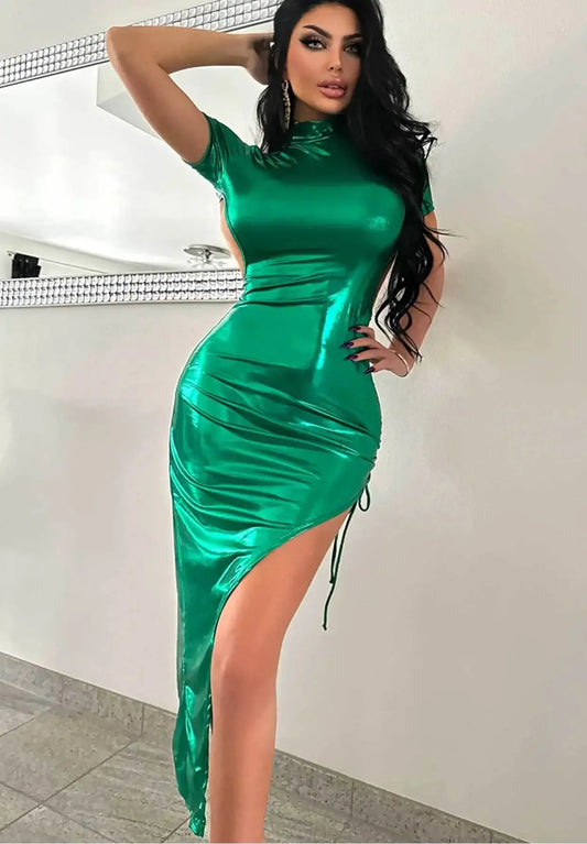 Metallic Green Open Side Boob Back Dress
