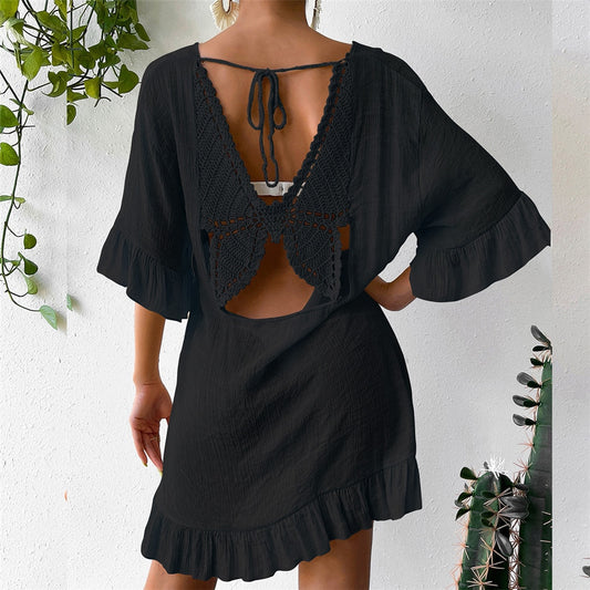 Butterfly Back Ruffled Half Sleeve Tunic Beach Cover Ups