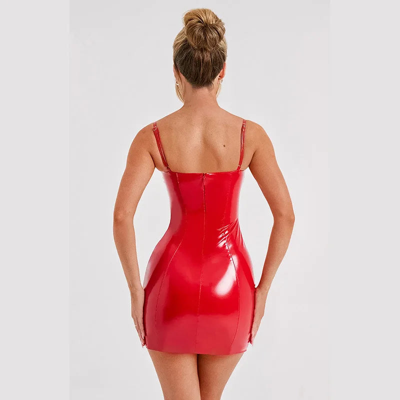 PU Leather Spaghetti Strap Backless Mini Dresses